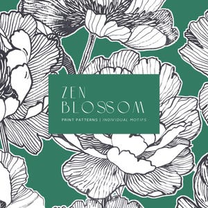 禅の花、ブラシストロークの線で描いた大きな牡丹のシームレスなパターンとモチーフ。