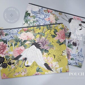 May include: Two fabric pouches with a floral and crane design. The pouches are yellow and gray with a white crane and blue pagoda. The text "Pouch" is printed on the bottom of the image.