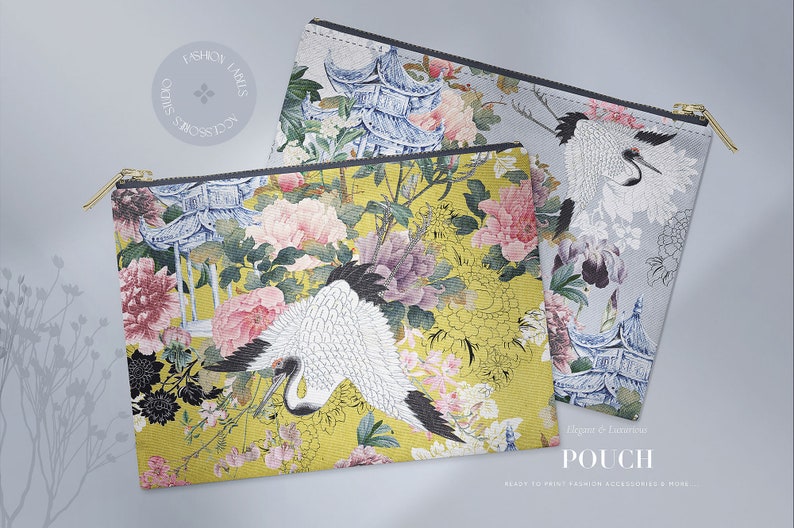 May include: Two fabric pouches with a floral and crane design. The pouches are yellow and gray with a white crane and blue pagoda. The text "Pouch" is printed on the bottom of the image.