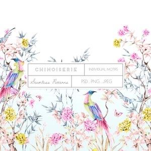 May include: Watercolor illustration of a chinoiserie pattern with pink and yellow flowers, green bamboo, and colorful birds. The text "Chinoiserie Seamless Patterns" and "PSD. PNG. JPEG" is included in the image.