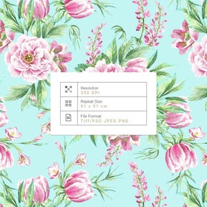 Op de afbeelding: Waterverf bloemenpatroon met roze pioenrozen en tulpen, groene bladeren op een lichtblauwe achtergrond. De afbeelding bevat tekst met een resolutie van 300 DPI, een herhalingsgrootte van 91 x 91 cm en een bestandsformaat TIFF/PSD.JPEG.PNG.