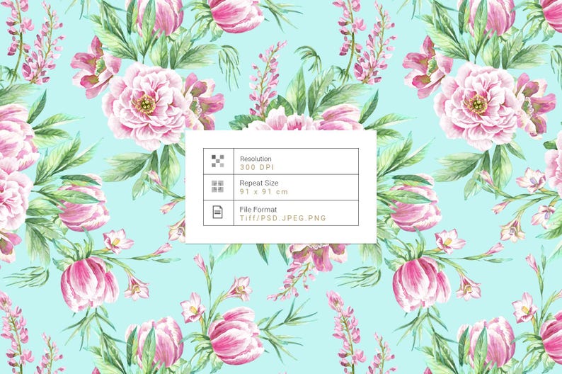 Op de afbeelding: Waterverf bloemenpatroon met roze pioenrozen en tulpen, groene bladeren op een lichtblauwe achtergrond. De afbeelding bevat tekst met een resolutie van 300 DPI, een herhalingsgrootte van 91 x 91 cm en een bestandsformaat TIFF/PSD.JPEG.PNG.