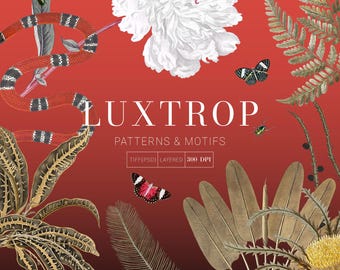 May include: A digital illustration of a collection of botanical and animal elements, including a white peony, a red and black snake, a butterfly, a fern, and a yellow flower. The illustration is set against a red background and includes the text "LUXTROP PATTERNS & MOTIFS TIFF(PSD) LAYERED 300 DPI".