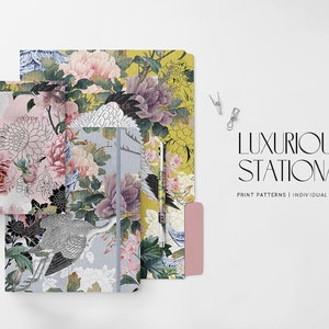 May include: A set of three notebooks with floral and bird designs. The notebooks are in shades of pink, blue, green, and yellow. The text "LUXURIOUS STATIONARY PRINT PATTERNS | INDIVIDUAL MOTIFS" is visible in the image.
