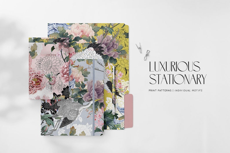 May include: A set of three notebooks with floral and bird designs. The notebooks are in shades of pink, blue, green, and yellow. The text "LUXURIOUS STATIONARY PRINT PATTERNS | INDIVIDUAL MOTIFS" is visible in the image.