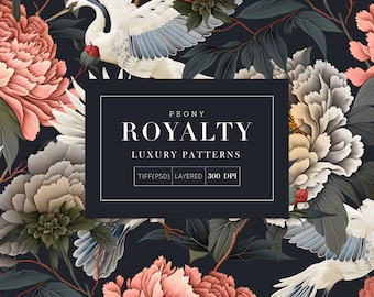 Peony & Crane Pattern: Seamless Floral Design (Digital Download)