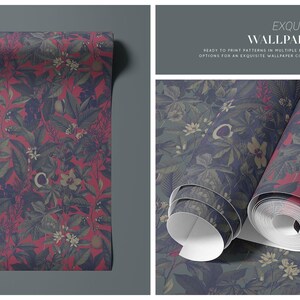 Puede incluir: Dos rollos de papel tapiz con un patr&oacute;n de hojas y flores tropicales. El papel tapiz est&aacute; disponible en opciones de color rojo y verde. El texto en la imagen dice "EXQUISITE WALLPAPERS READY TO PRINT PATTERNS IN MULTIPLE BASE COLOR OPTIONS FOR AN EXQUISITE WALLPAPER COLLECTIONS AND MORE".