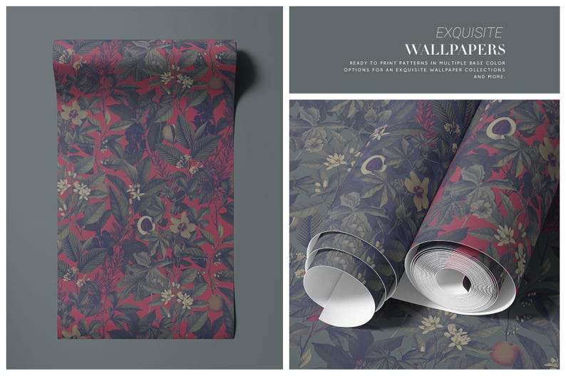 Puede incluir: Dos rollos de papel tapiz con un patr&oacute;n de hojas y flores tropicales. El papel tapiz est&aacute; disponible en opciones de color rojo y verde. El texto en la imagen dice "EXQUISITE WALLPAPERS READY TO PRINT PATTERNS IN MULTIPLE BASE COLOR OPTIONS FOR AN EXQUISITE WALLPAPER COLLECTIONS AND MORE".
