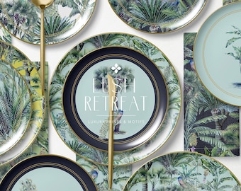 Luxury Tropical Prints in hand painted watercolor Peacocks and palms in exquisite details.