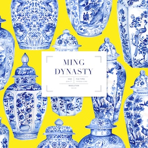 Ming, hand painted watercolour Ginger Jar patterns | High resolution | fashion fabrics | wallpapers | Home Décor