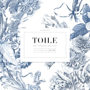 May include: A digital illustration of blue and white floral patterns and motifs. The image includes the text "Toile Patterns & Motifs" and "TIFF(PSD) Layered 300 DPI".