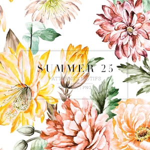 May include: Watercolor illustration of a floral pattern with yellow, pink, and red flowers. The text "SUMMER 25 PATTERNS | MOTIFS TIFF | PSD | PNG" is in a black rectangle.