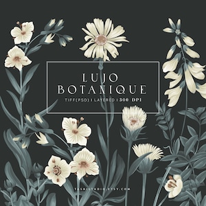 Op de afbeelding: Een digitale illustratie van een botanische print met witte bloemen en bladeren op een donkere achtergrond. De tekst "LUJO BOTANIQUE TIFF(PSD) | LAYERED | 300 DPI" staat onderaan de afbeelding.