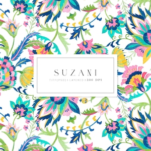 May include: A seamless pattern featuring a colorful floral design with pink, blue, yellow, and green hues. The pattern is called "Suzani" and is available in TIFF (PSD) format, layered, at 300 DPI.
