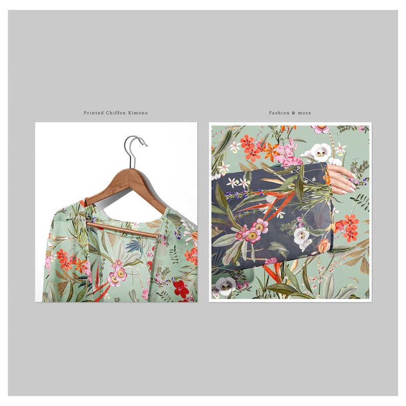 May include: A green chiffon kimono with a floral print. The kimono is hanging on a wooden hanger. The print features red, orange, pink, and white flowers on a green background.