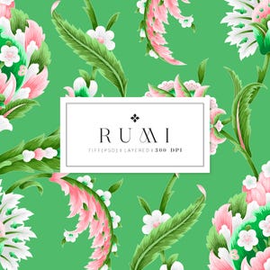 May include: A seamless pattern featuring pink and white flowers with green leaves on a green background. The text "RUMI TIFF(PSD) LAYERED 1300 DPI" is in a white box.