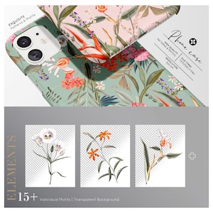 May include: A phone case with a floral pattern featuring pink, red, and green flowers on a light green background. The case is designed for a phone with a camera bump. The image also includes individual floral motifs on a transparent background.