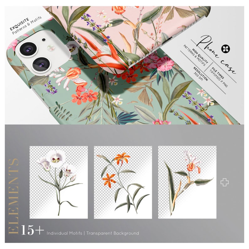 May include: A phone case with a floral pattern featuring pink, red, and green flowers on a light green background. The case is designed for a phone with a camera bump. The image also includes individual floral motifs on a transparent background.