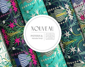 Art Nouveau Collection Ornamental Floral Seamless Patterns | Architectural Botanical Print Design for Wallpaper, Textiles & Surface Design.