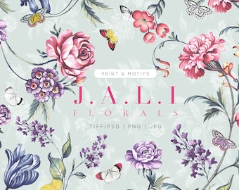 Watercolor Indian Floral Print: Seamless Pattern & Motifs (Digital Download)
