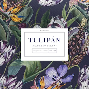May include: A seamless pattern featuring a variety of flowers, including tulips, orchids, and bird of paradise. The flowers are painted in a realistic style with vibrant colors and intricate details. The background is a dark blue.