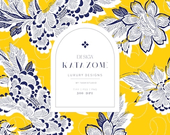 May include: A yellow background with a white and blue floral pattern. The pattern is intricate and detailed, with a variety of flowers and leaves. The text "DESIGN KATAZOME LUXURY DESIGNS BY TASHISTUDIO TIFF | PSD | PNG 300 DPI" is in a white box in the center of the image.