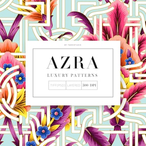 Può includere: Motivo digitale con il testo "AZRA LUXURY PATTERNS". Il design presenta un motivo floreale ripetuto con fiori rosa, viola, arancioni e gialli, su uno sfondo azzurro con forme geometriche bianche.