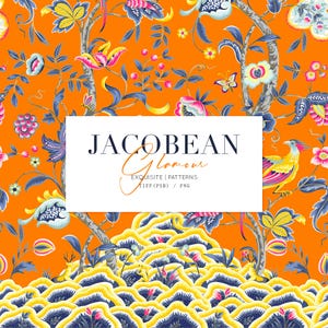 Puede incluir: Un fondo naranja vibrante con un patrón repetitivo de flores, hojas y pájaros azules, amarillos y rosas. El texto "Jacobean Glamour Exquisite Patterns TIFF (PSD) / PNG" está en un cuadro blanco.
