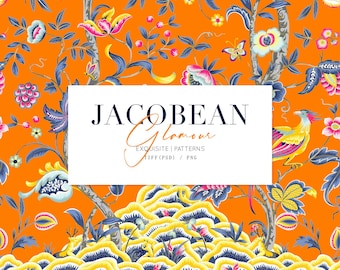 May include: A vibrant orange background with a repeating pattern of blue, yellow, and pink flowers, leaves, and birds. The text "Jacobean Glamour Exquisite Patterns TIFF (PSD) / PNG" is in a white box.