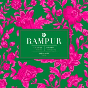 May include: A seamless pattern featuring pink floral designs on a green background. The pattern is labeled "RAMPUR" with the text "2 Seamless Patterns", "File Types: TIFF(PSD) / PNG", and "Resolution: 300 DPI".
