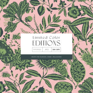 Puede incluir: Un patrón sin costuras que presenta una variedad de ilustraciones botánicas verdes sobre un fondo rosa. El patrón incluye hojas, flores y otros elementos florales. El texto "Limited Color Editions" se muestra en un rectángulo blanco con el texto "TIFF(PSD) JPEG 300 DPI" y "PRINTS FOR FASHION | HOME | WALLPAPERS" debajo.