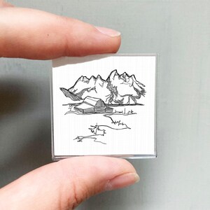 Miniature Grand Teton National Park Line Drawing PRINT - Mini Wall Art Magnet Frame