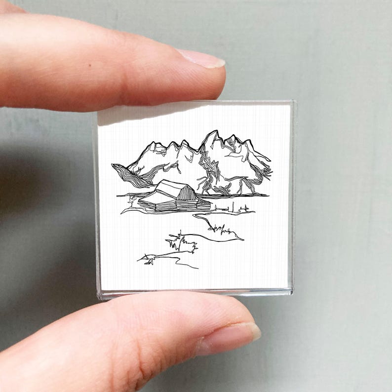 Miniature Grand Teton National Park Line Drawing PRINT - Mini Wall Art Magnet Frame