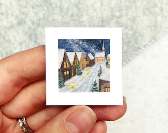 Mini 1" Snowy Village Night Lights Winter Scene Snowy Holiday Ornament Print Tiny Watercolor  Art PRINT