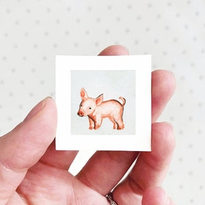 Mini 1&quot; Pig Piglet Animal Print Tiny Watercolor  Art PRINT