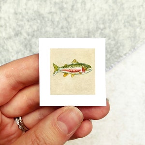 Mini 1&quot; Rainbow Trout Fishing Summer Lake Day Print Tiny Watercolor  Art PRINT