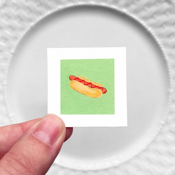 Mini 1" Hotdog Barbecue Food Kitchen Dining Room Decor Print Tiny Gouache  Art PRINT