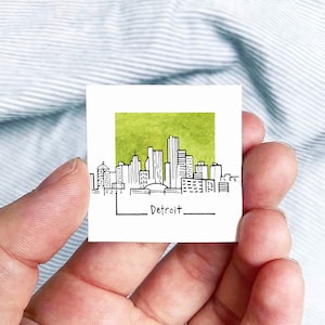 Mini Detroit, Michigan 1.5" USA City Skyline Tiny Watercolor and Ink Art PRINT