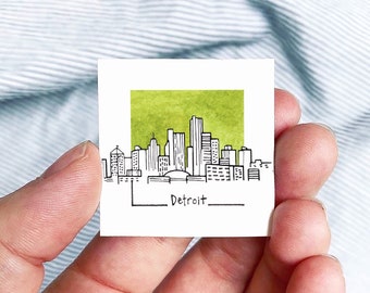 Mini Detroit, Michigan 1,5" USA City Skyline minuscule aquarelle et impression d'art à l'encre