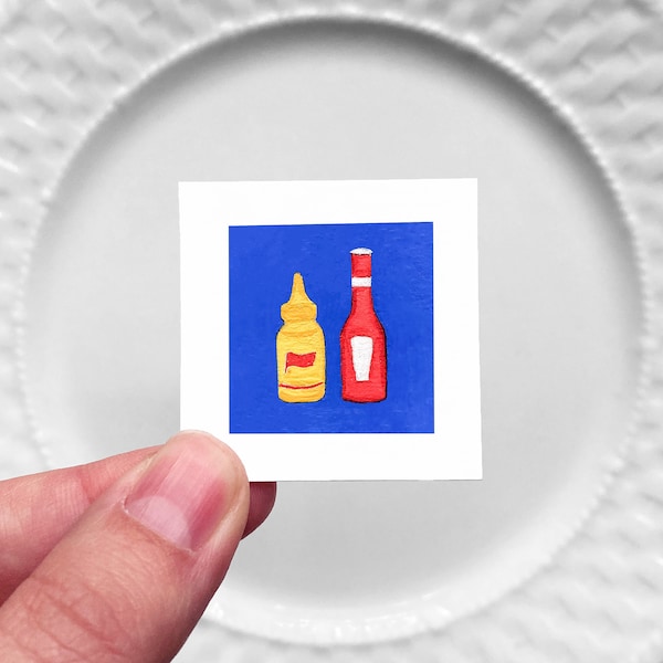 Mini 1" Ketchup Mustard Diner Food Kitchen Dining Room Decor Print Tiny Gouache  Art PRINT