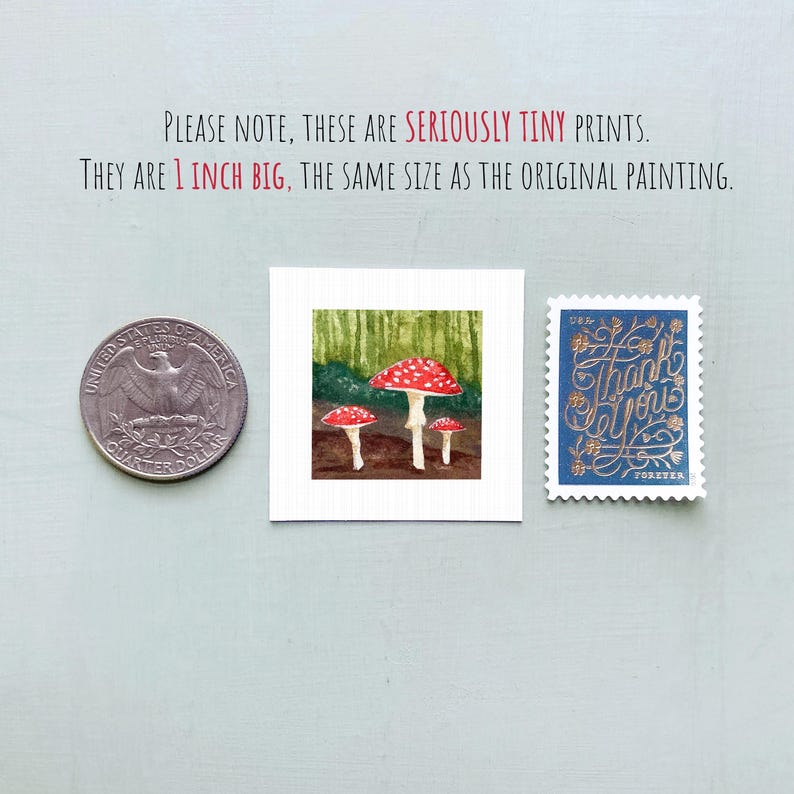 Miniature Red Mushroom Amanita muscaria Toad Art PRINT - Tiny Watercolor 1-Inch Mini Wall Decor Not Framed