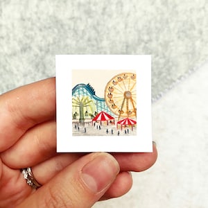 Mini 1&quot; Summer Carnival Ferris Wheel Roller Coaster Print Tiny Watercolor  Art PRINT