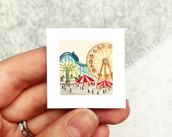 Mini 1" Summer Carnival Ferris Wheel Roller Coaster Print Tiny Watercolor  Art PRINT