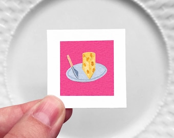 Mini 1" Cheese Swiss Cheddar Food Charcuterie Kitchen Dining Room Decor Print Tiny Gouache  Art PRINT