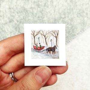 Mini 1&quot; Sleigh Ride Horses Winter Scene Christmas Snowy Holiday Ornament Print Tiny Watercolor  Art PRINT