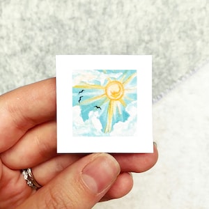 Mini 1&quot; Sunshine Clouds Birds Sky Print Tiny Watercolor  Art PRINT