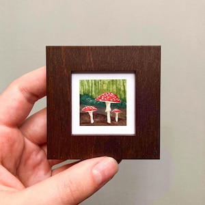 Miniature Red Mushroom Amanita muscaria Toad Art PRINT - Tiny Watercolor 1-Inch Mini Wall Decor Wooden Wall Frame