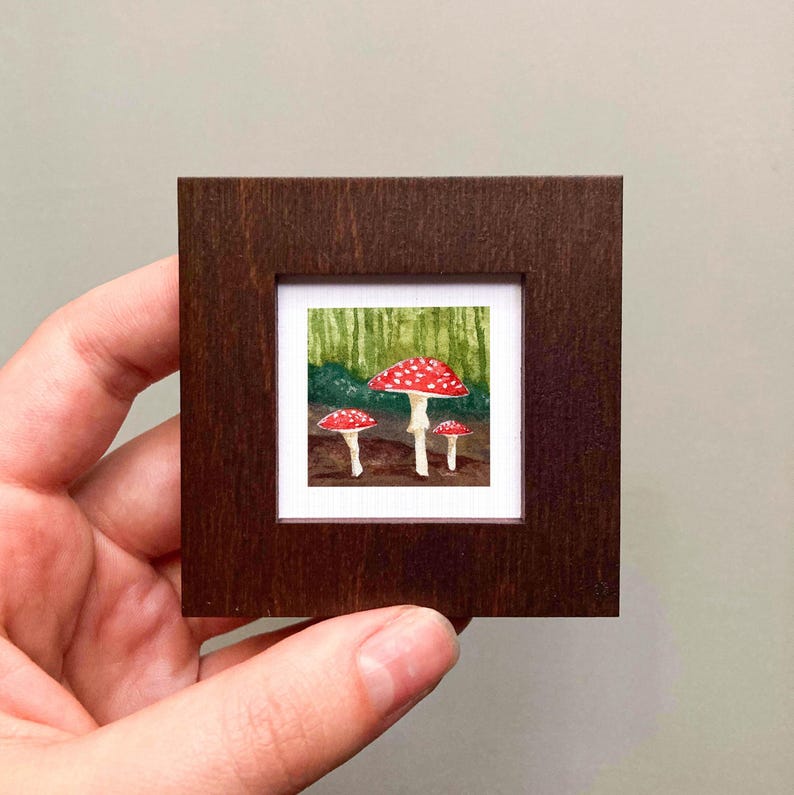 Miniature Red Mushroom Amanita muscaria Toad Art PRINT - Tiny Watercolor 1-Inch Mini Wall Decor Wooden Wall Frame