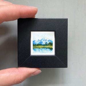 Miniature Grand Tetons National Park Wyoming Art PRINT - Tiny Gouache 1-Inch Mini Wall Decor Black Frame