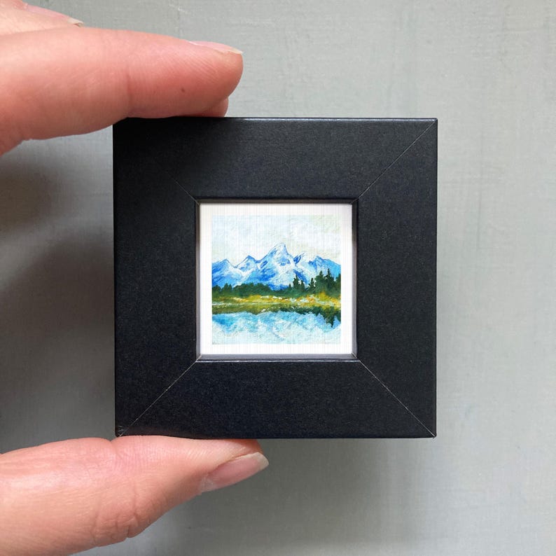 Miniature Grand Tetons National Park Wyoming Art PRINT - Tiny Gouache 1-Inch Mini Wall Decor Black Frame
